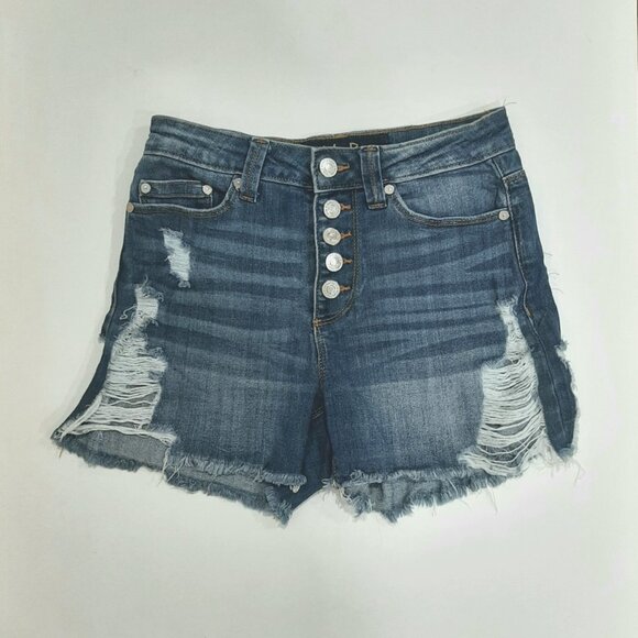 Indigo Rein Pants - Button fly distressed high rise waisted denim jean shorts medium wash